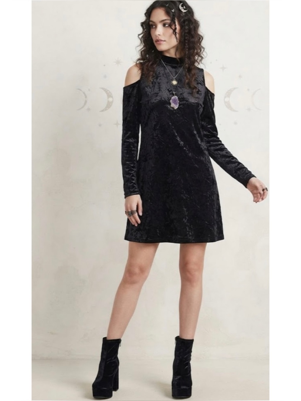 Coco + Carmen Velvet Mock Neck Cold Shoulder Long Sleeve Mini Dress